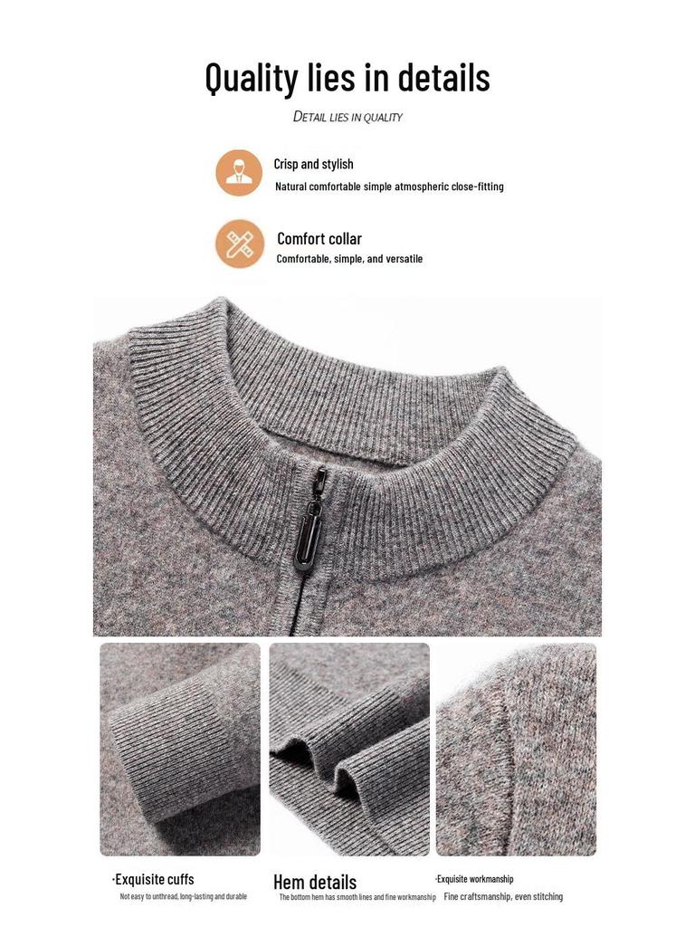2025 Men's High-Grade Yak Wool Zipper Sweater - Solid Color, Autumn/Winter Knit Base Layer