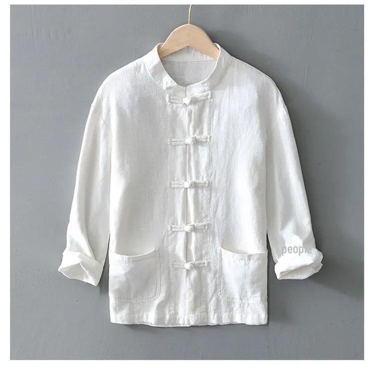 Men's Chinese Buttoned Cotton-Linen Shirt Jacket: Casual Tang Suit, Loose Ancient-Style Hanfu, Large Size, Middle-Aged Top