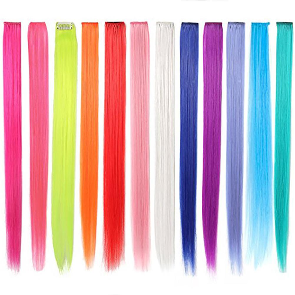 12Pcs Colored Hair Extension Clip Colorful Straight Hair Piece Wig for Kids Girls Highlights Clip