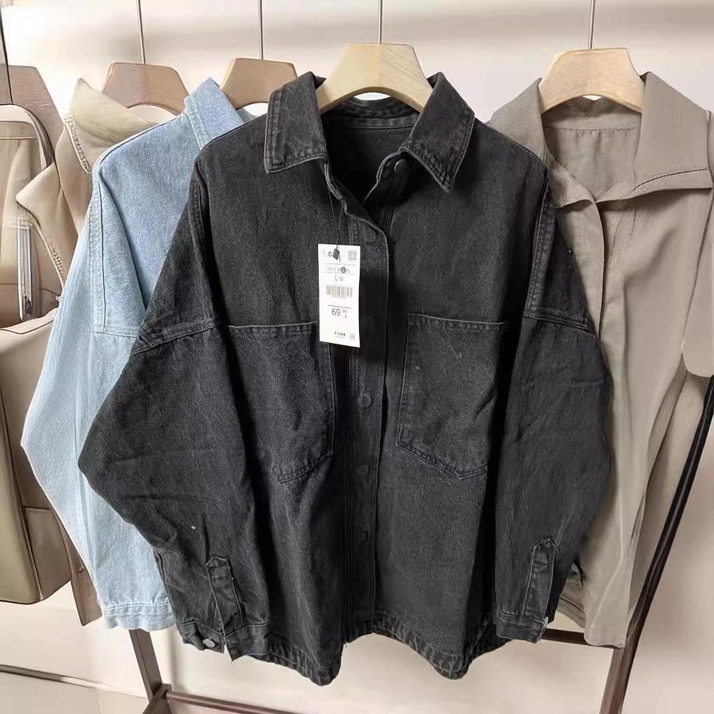 Women's Washed Blue Denim Shirt Jacket with Pocket Embellishments - European & American Style, Autumn Collection