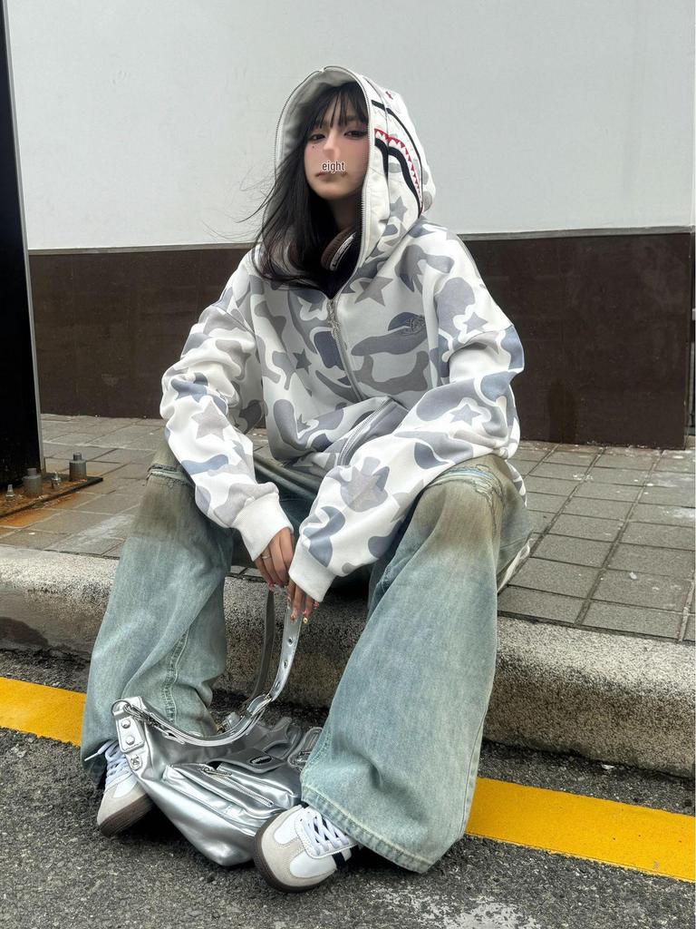 Jarní a podzimní retro maskáčový kardigan na zip s dvojitou kapucí - Unisex Streetwear