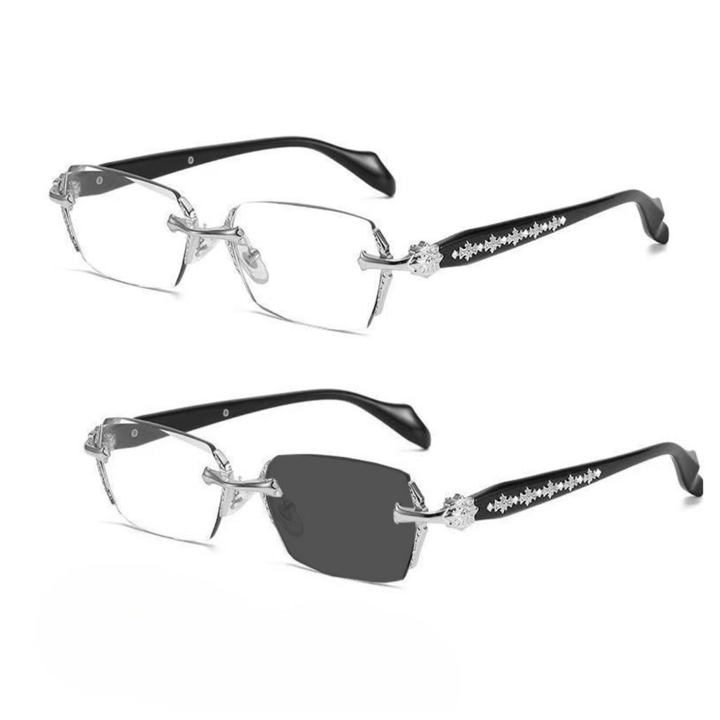 Women Retro Pochromic Glasses Men Fashion Anti Blue Light Rimless Eye Glasses Unisex