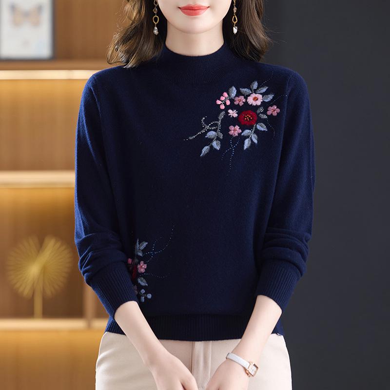 Autumn & Winter Women's 100% Pure Wool Sweater - Stylish Embroidered Half-High Neck for Middle-aged & Elderly