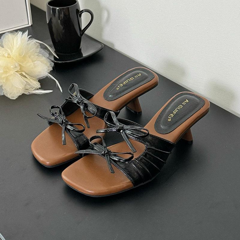 Fashion Elegant Women Medium Heels Pumps Shoes Female Butterfly-Knot Footwear Fashion Square Toe Ladies Thin Heels Shoes Sandals Slides
