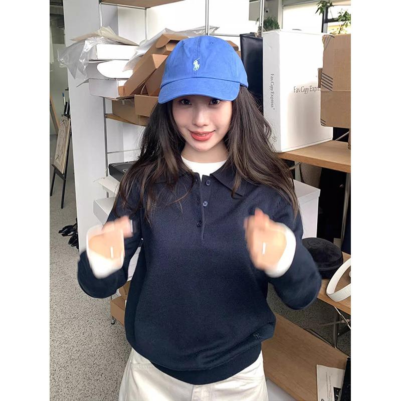 

College style olo lapel knitted sweater women s autumn and winter gray high-end bottoming top age-reducing sweater with long sleeves L темно-синий