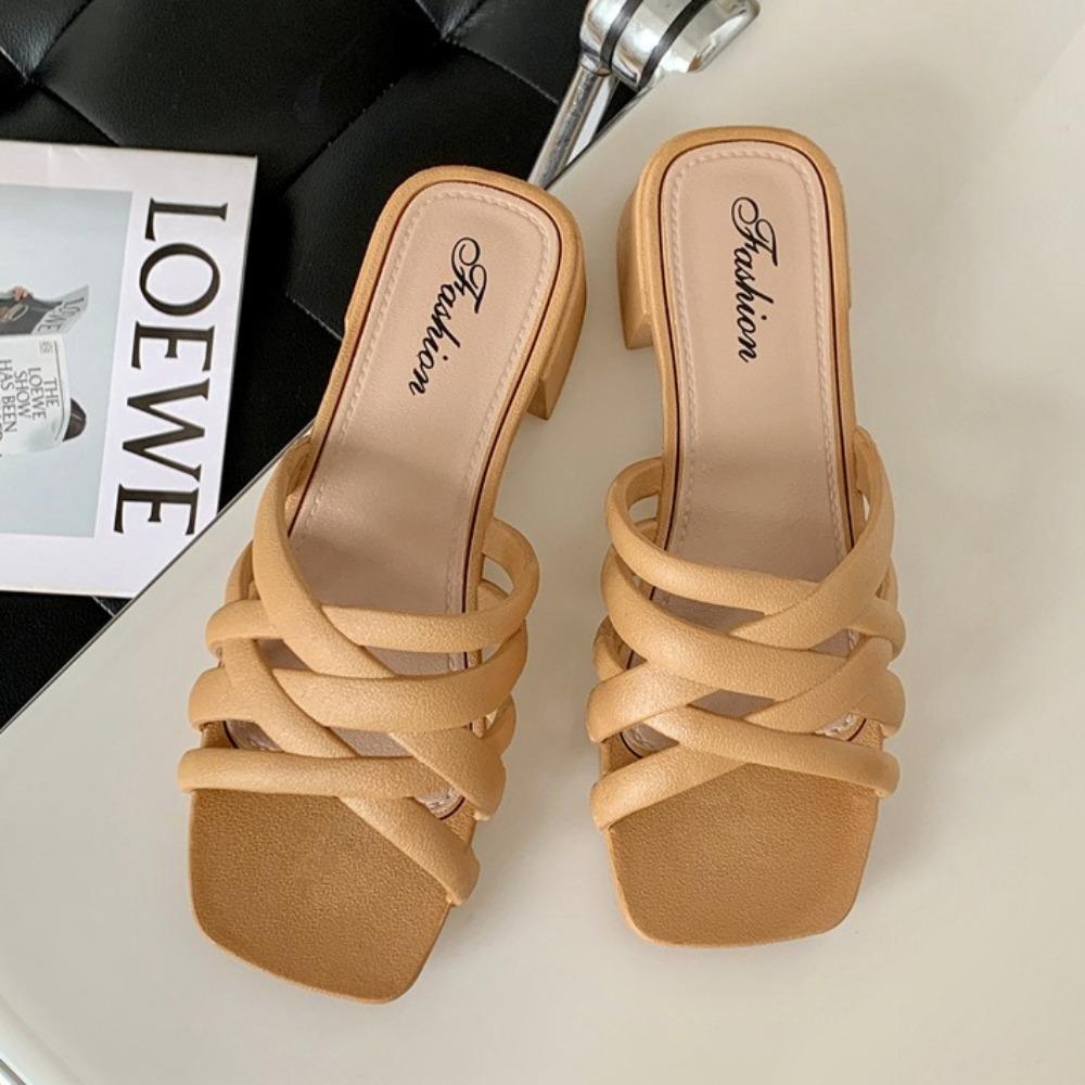 Fashion Slippers Women's 2025 Summer New Outer Wear Medium Heel Solid Color Hollow Casual Beach Thick Heel Cool Slippers Women's