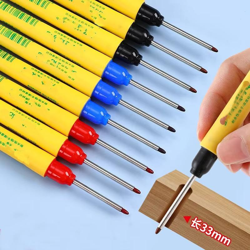 6pcs/Set 33mm Long Head Marking Pens Set - Red/Blue/Black Waterproof Woodworking Decoration Deep Hole Multipurpose Marking Tool
