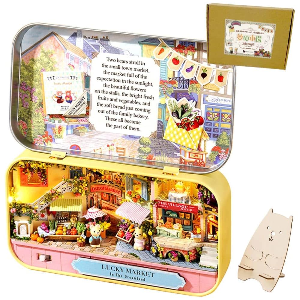 

Moin Moin Dollhouse Miniature DIY Kit with LED Light and Display Stand Teddy Bear Storage Case for Beginners