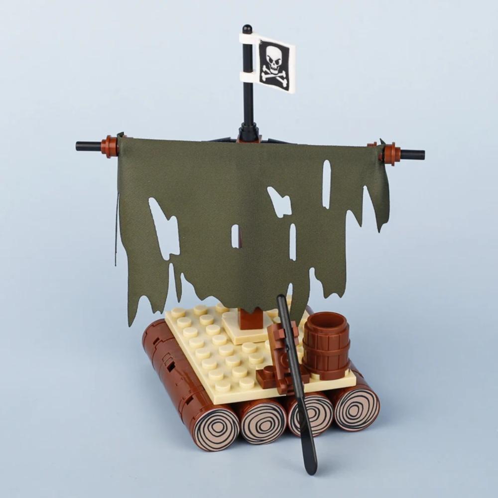MOC Mittelalterliche Piratenbar Modellbausteine Set Papagei Blockhütte Inselhaus Lagerfeuer Baum Segelboot Schiff Steine Spielzeug Geschenk