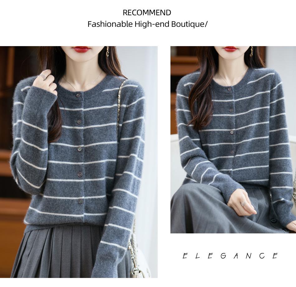2025 Autumn/Winter Women's Pure Wool Striped Knit Cardigan: Round Neck, Loose Fit, Cashmere Long Sleeve Versatile Outerwear.
