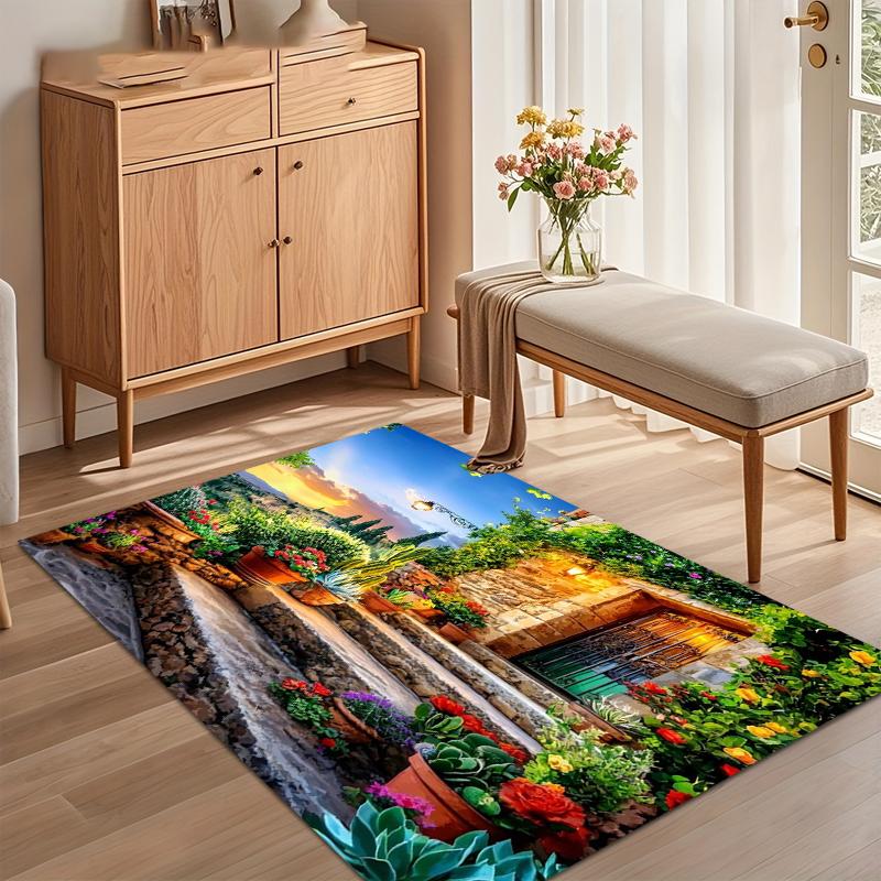 Mediterranean Village Sunset Garden Area Rug Non Slip Soft Floor Carpet for Living Room Bedroom Entryway Vibrant Scenic Decor