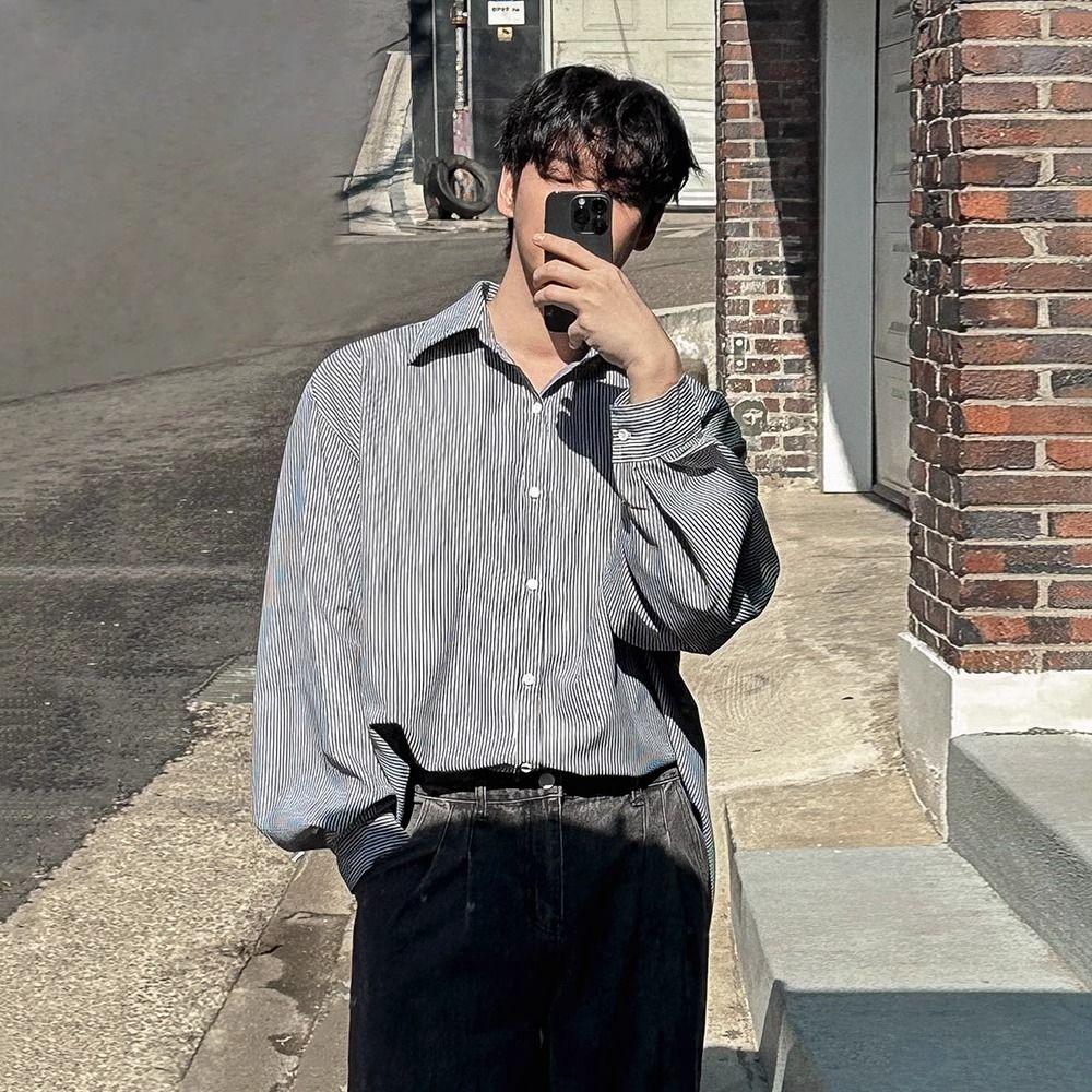 

Мужская полосатая рубашка осенняя легкая с длинным рукавом повседневная свободного кроя куртка-рубашка XXXL чёрный