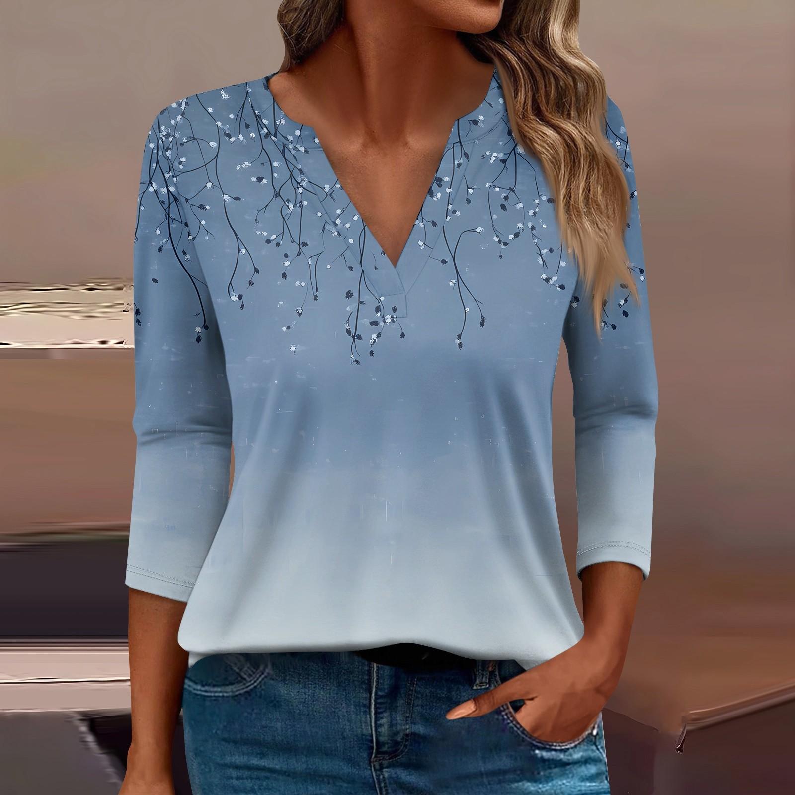 

Женская футболка Футболка с принтом Рукав 3/4 Повседневные Выходные Мода Базовый V-образный вырез Обычный топ L светло-серый