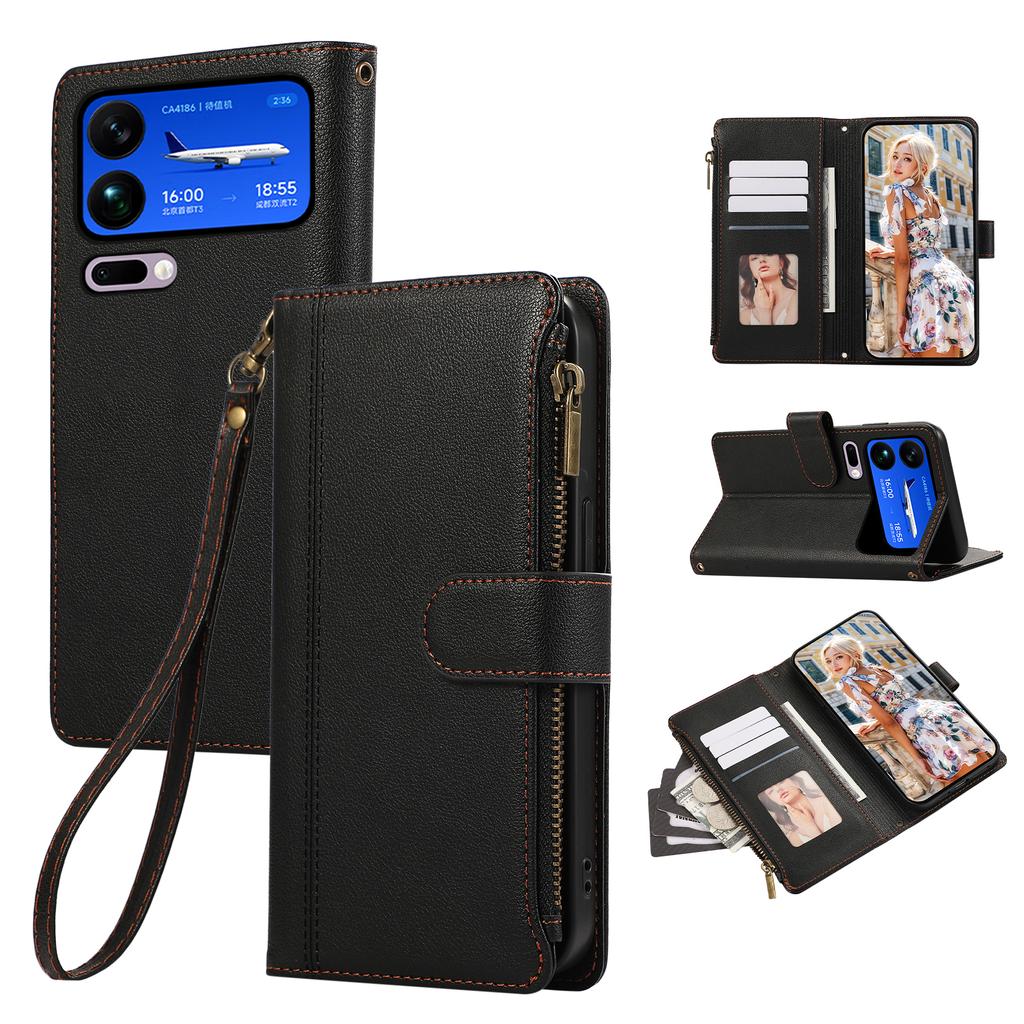 For Xiaomi 17 Pro Max Case Multi Card Slots Zipper Leather Phone Cover with Wrist Strap