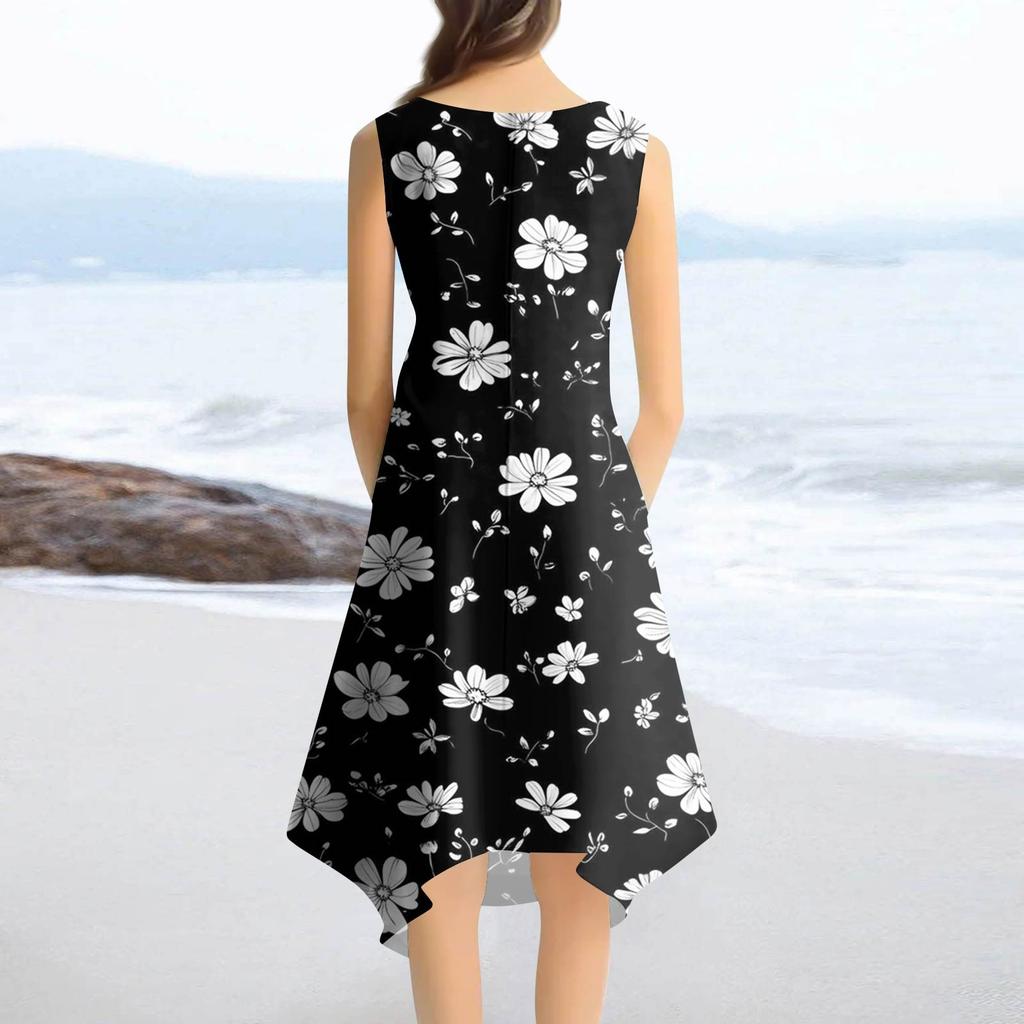 Women's Casual Fashion Round Neck Sleeveless Floral Print Irregular Hem Midi Dress