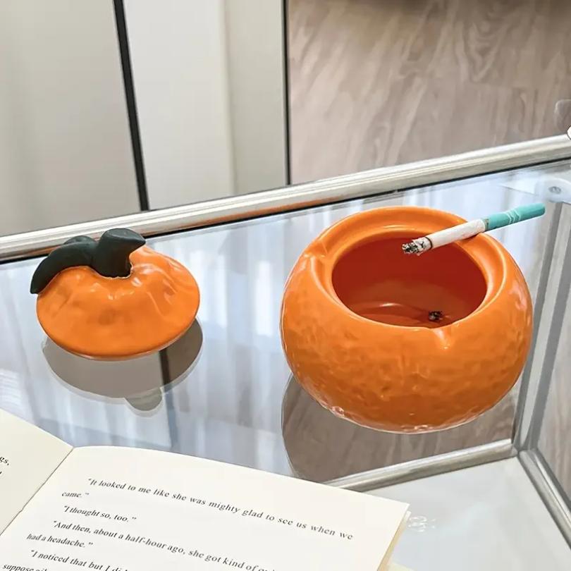 New Creative Ceramic Orange with Lid Ashtray Cute Irregular Creative Orange Decorative Multi Functional Jar