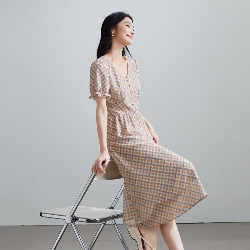 SOFSIL Retro Plaid A-line V-neck Dress