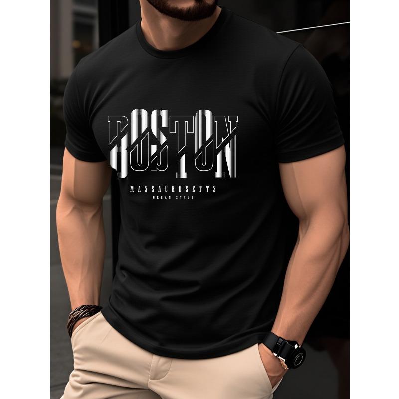 Taglie Europee T-shirt Estiva da Uomo a Maniche Corte Realizzata al 100%, Leggera e alla Moda, Caratterizzata da una Vestibilità Slim, Girocollo e Stampa con Lettere Boston
