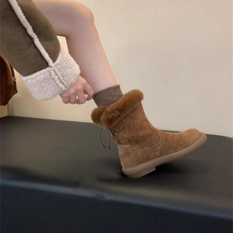 Botas planas de algodón para mujer de moda Invierno Nuevo Punta redonda Manga de ante Antideslizante Resistente al desgaste Cómodas Botas cortas