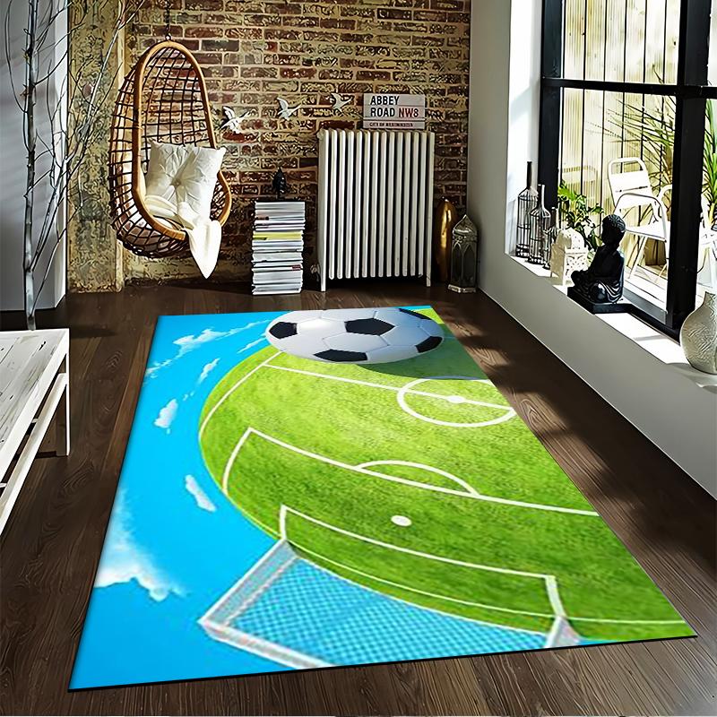 Soccer Field Theme Carpet with Ball Design, Green and Blue Art Suitable for use as an anti-slip for living room bedroom sofas