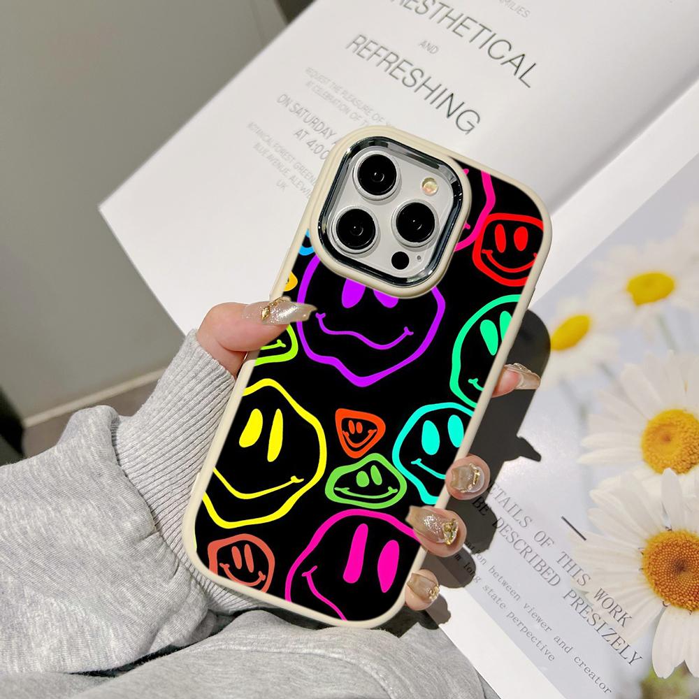 Ae88 Lovely Smiley Art Phone Cases for Samsung A13 A32 A53 A04e A54 S23 S24 Ultra Infinix Hot 40i Huawei P30 Pro Metal Camera Protective Back Cover