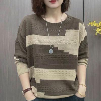 Round Neck Color Matching Sweater Bottoming Shirt Fashion Loose Western Style Large Size Sweater Top