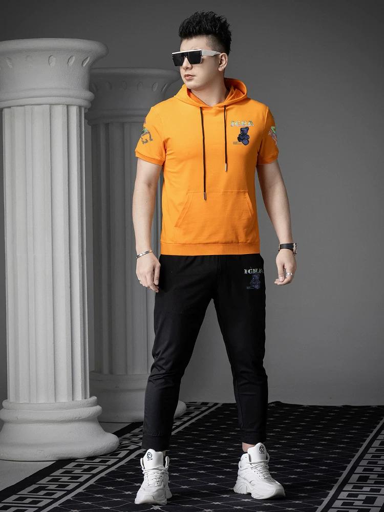 European Station 2025 Summer New Bear Print Hooded Short-Sleeve Sweatshirt Men's Half-Sleeve T-Shirt Trendy Brand Top for Men