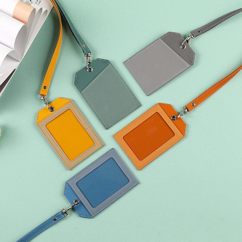 2 Card Slot Employee Work ID Card Set Hanging Rope PU Leather Bus Meal Card Chest Badge