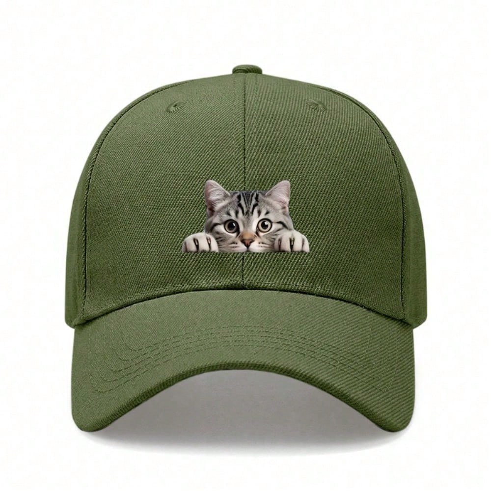 Cute Cat Baseball Cap - Unisex Adjustable Breathable Lightweight Cream Casual Daily Wear Baseball Hat With Peeking Cat Print - Adult Unisex Accessory армия зеленый