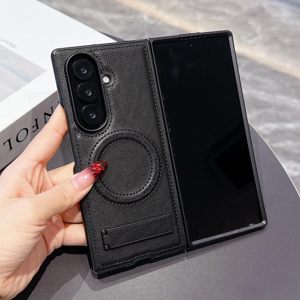 KEYSION Luxus PU Leder Magnetische Hülle für MagSafe für Samsung Galaxy Z Fold 7 5G Ständer Kabelloses Laden Handy Rückseite