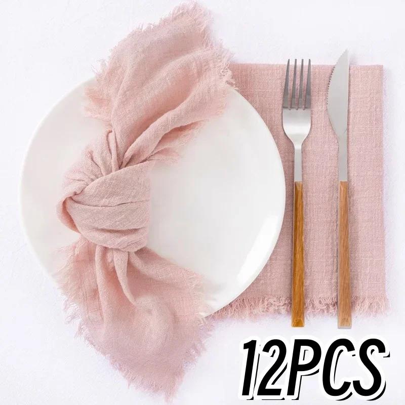 48PC Pink Cloth Napkins 30X30CM Handmade Gauze with Fringe Rustic Dinner Napkins for Wedding Party Baby Shower Dinner Decoration