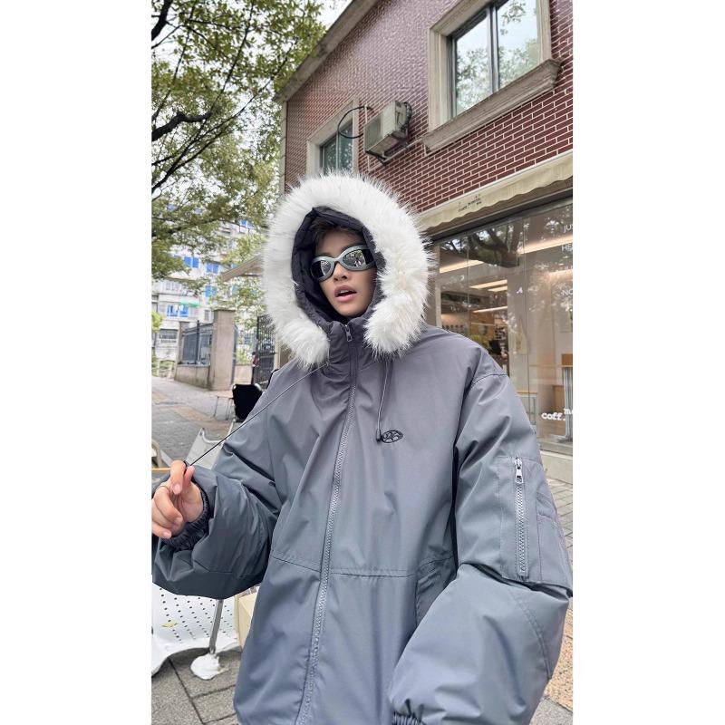 Autumn and Winter New Letter Embroidered Zipper Warm Thickened Large Fur Collar Jacket Cotton Jacket