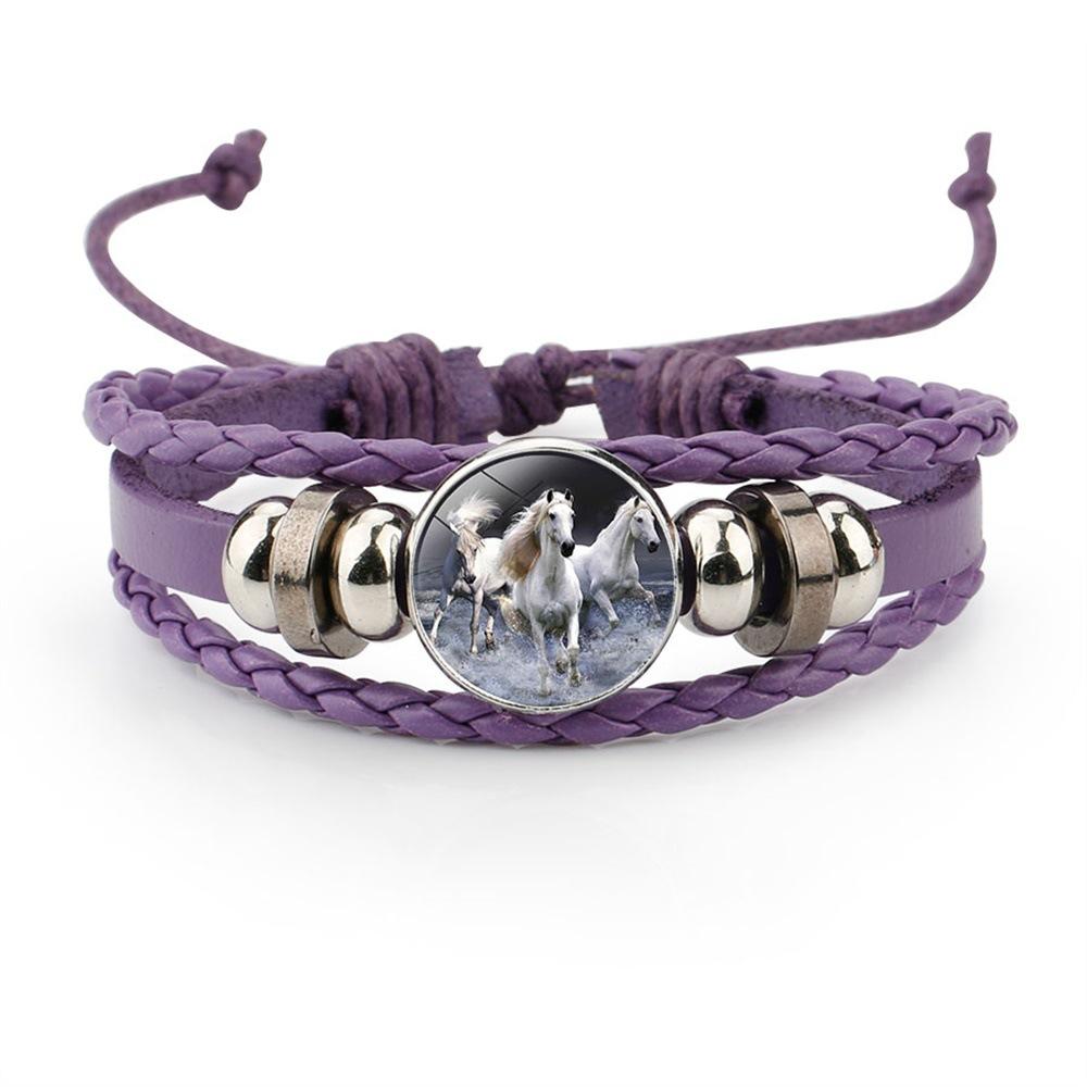 Bracciale in Pelle Intrecciata Multistrato con Motivo Animale Cavallo e Cabochon in Vetro Resina Gioielleria