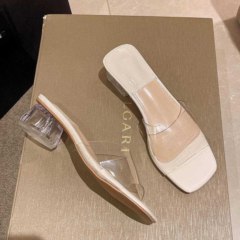 High heels female sexy crystal thick heel transparent cool slippers outer wear high sense niche summer new Korean version