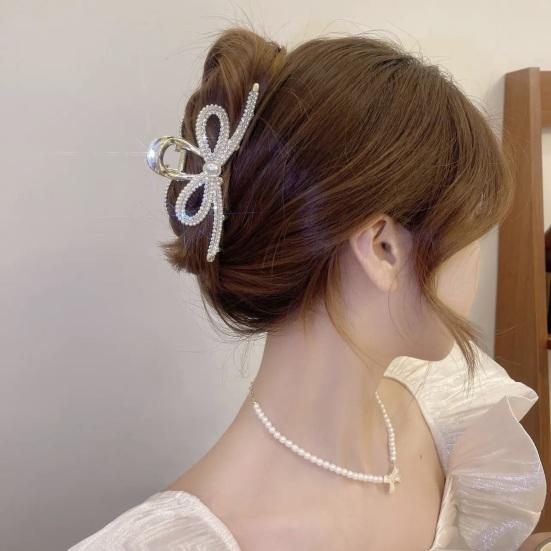 Women Hair Grip Bow Shape Shiny Rhienstone Hollow Out Strong Claw Anti-slip Hair Organization Decoration Exquisite Lady Hair Clamp Hair Claw