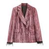 Traje de dos piezas para mujer de terciopelo con ribete de plumas, chaqueta cruzada + pantalones