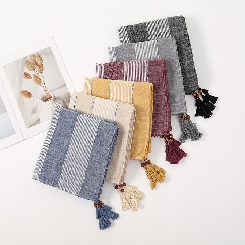 New Polyester Contrast Striped Tassel Long Scarf Spring and Autumn Hot Selling Versatile Soft Scarf Women's Shawl Headscarf