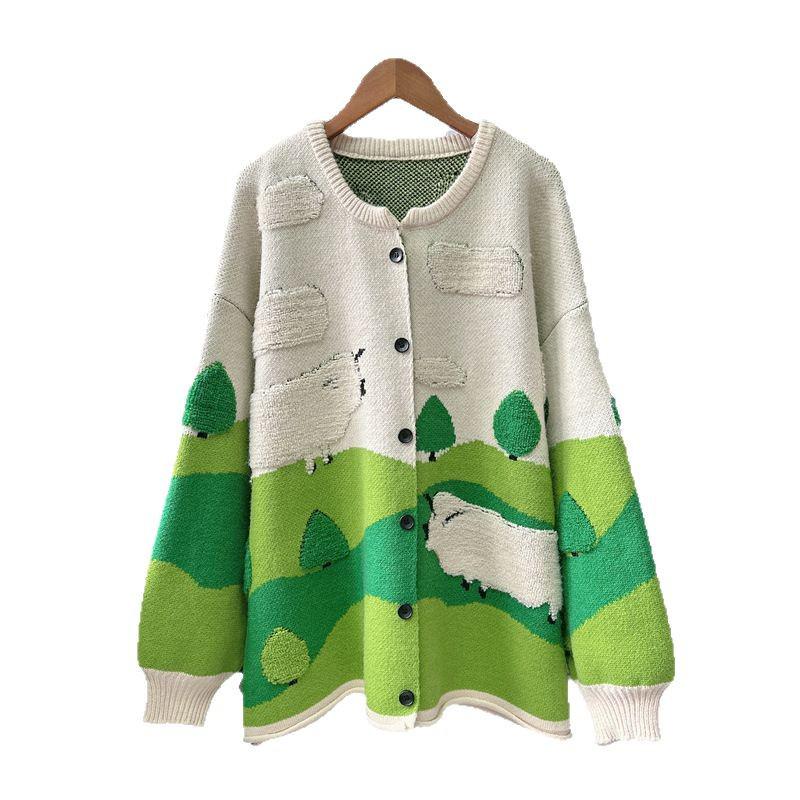 Green Art Cartoon Sweater Coat: Women's Niche Design Knitted Cardigan for Spring & Autumn 2025.