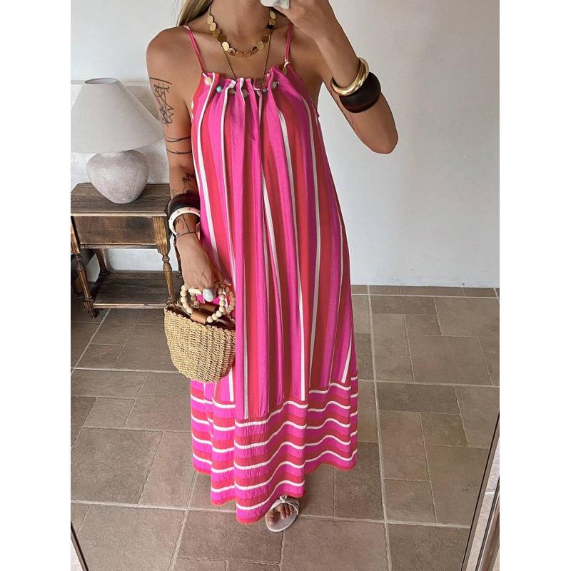 European rose pink loose holiday wind beach sleeveless suspender long dress women S