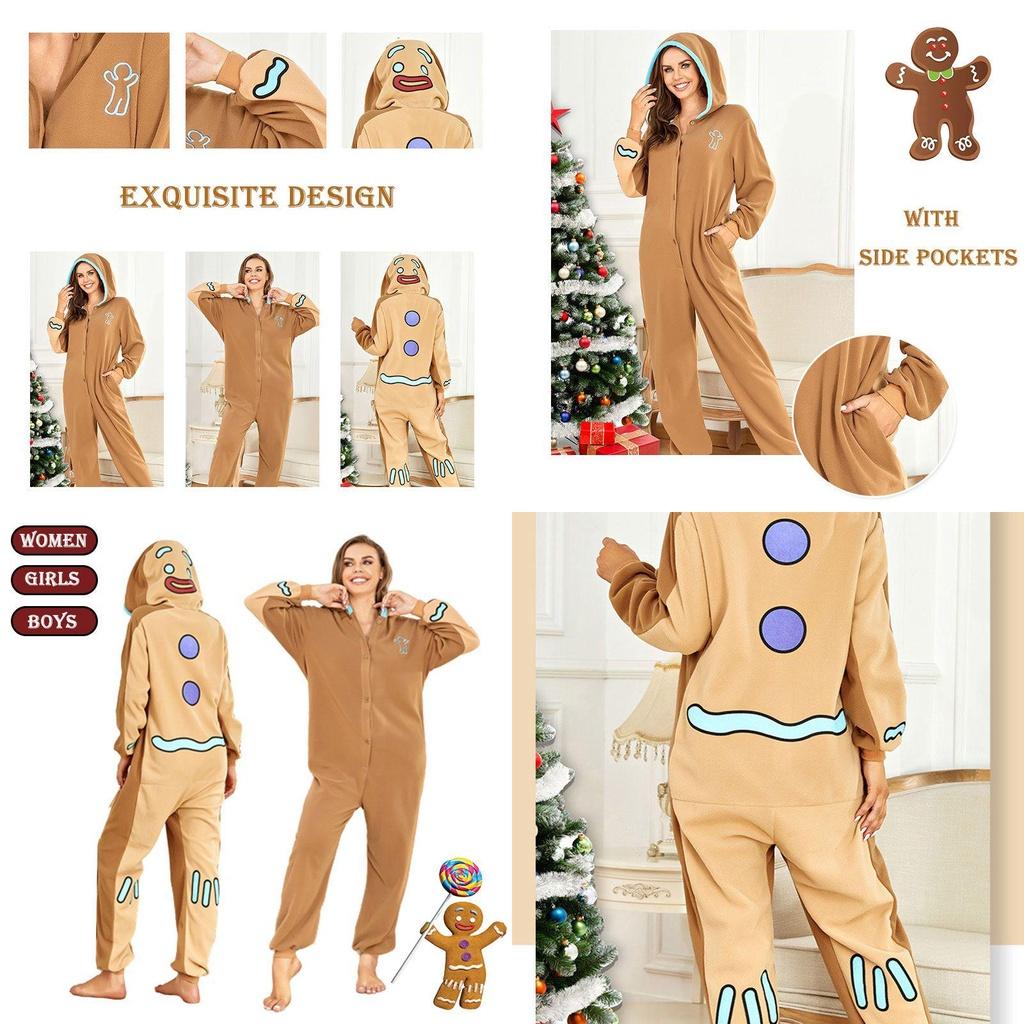 Gingerbread Man Hooded Pajamas Cosplay Costume For Women Boys Girls Xmas