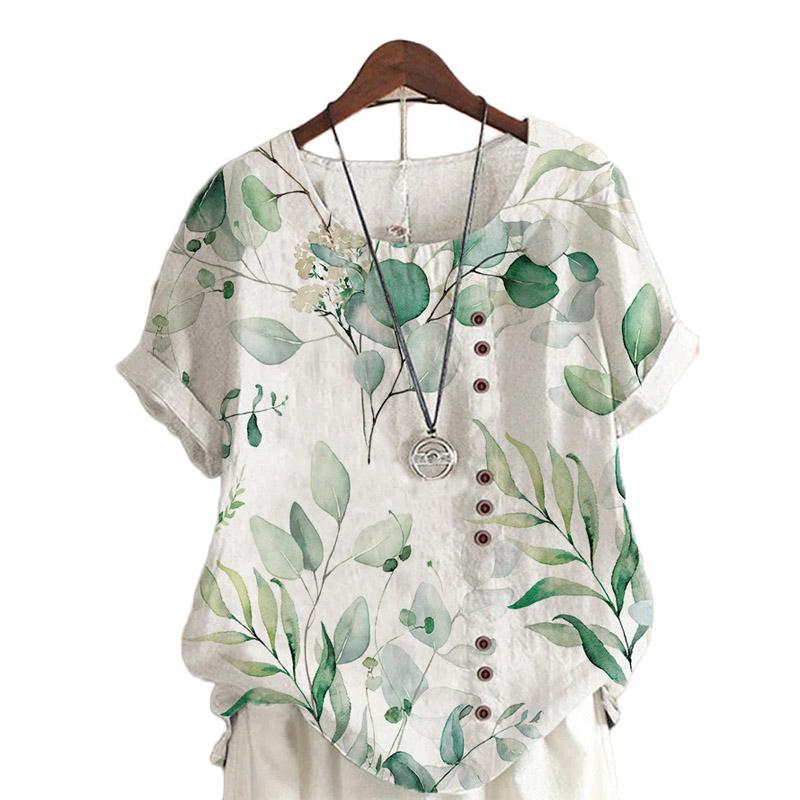 Sommer Uformell Retro bomull Lin Motetrykk Løs fritidsskjorte Kortermet allsidig T-skjorte topp for kvinner