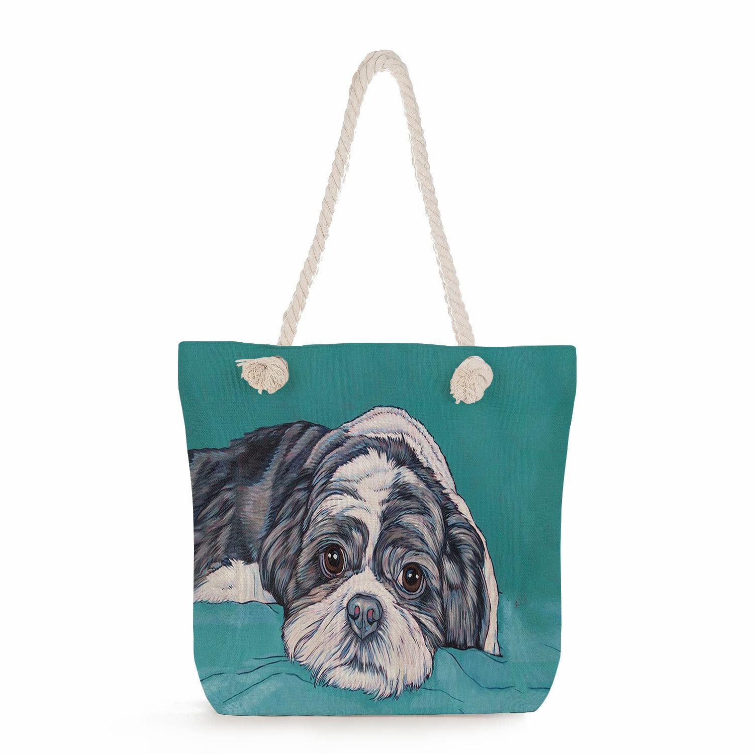 Oil painting of a dog print thick rope single-shoulder beach bag 7214