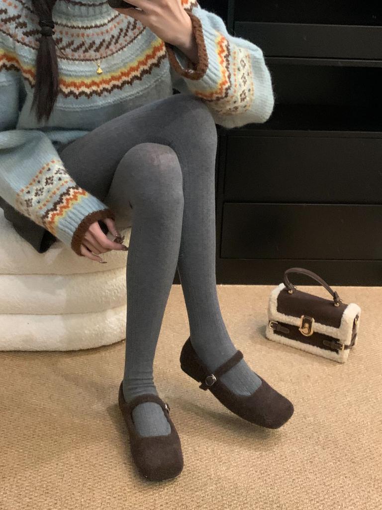 2025 Autumn and Winter New Versatile Square Head with Mary Jane Shoes Fluffy Shoes Women's Flat Bottom Shallow Mouth Velvet Single Shoes Women