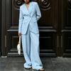 Womens 2026 Winter Solid Color Buttoned Faux Pocket Long Sleeve Blazer Straight Pants 2-Piece Set
