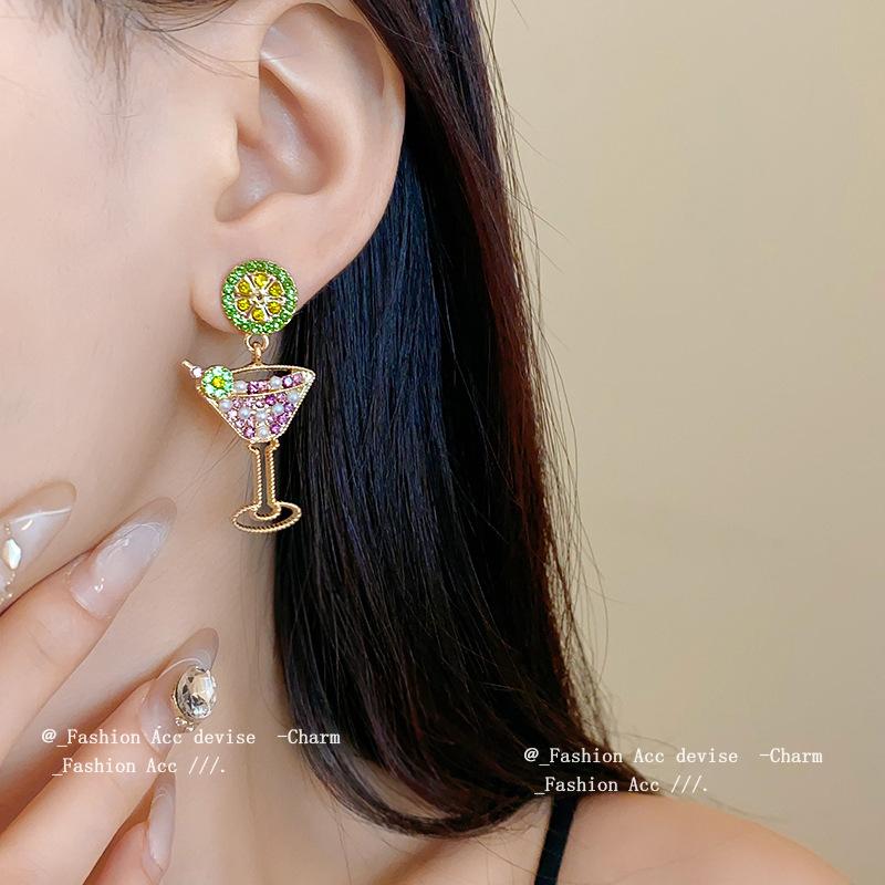 European and American diamond-set lime wine glass pearl earrings, personality trend fashion earrings, niche temperament creative earrings