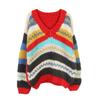 Women's Loose-Fit V-Neck Chunky Knit Striped Sweater: European & American Autumn/Winter Handmade Style