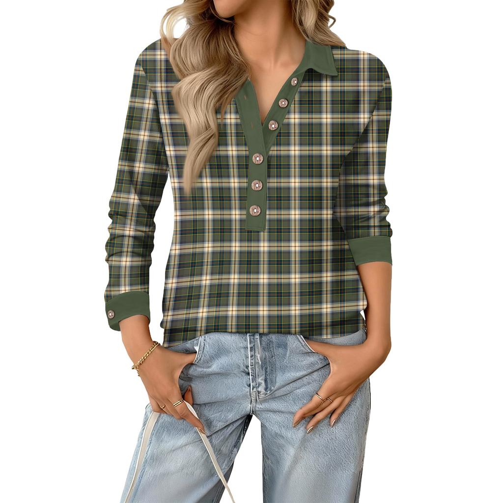 Women's Retro Street Lazy V,neck Long Sleeve Button Plaid Print Pullover Top