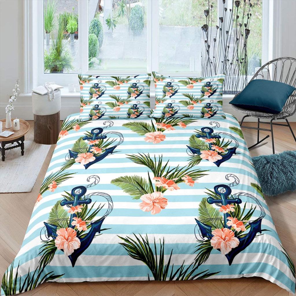 Ocean Beach Schiffsanker Bettbezug Set Nautisch Polyester Bettdeckenbezug für Männer Frauen Sonnenuntergang Blauer Himmel Weiße Wolken King Size