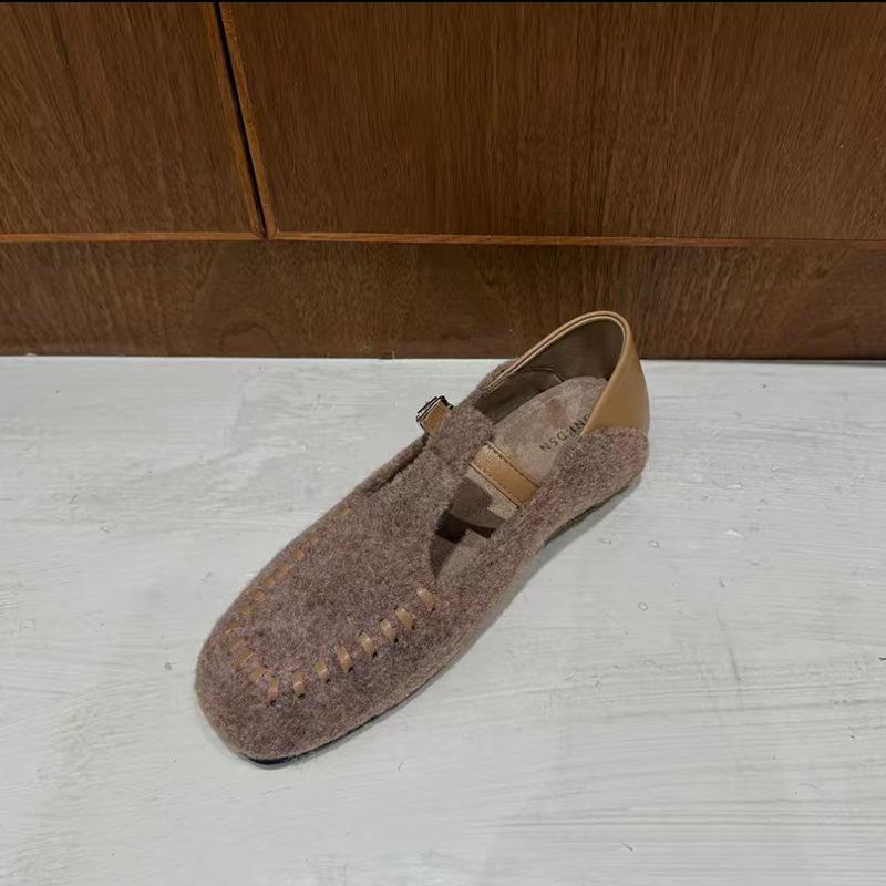 Inner Height Increase of 3cm~ Square Head Mary Jane Shoes for Women's 2025 Early Autumn New Korean Version Woolen Material One-word Ballet Shoes