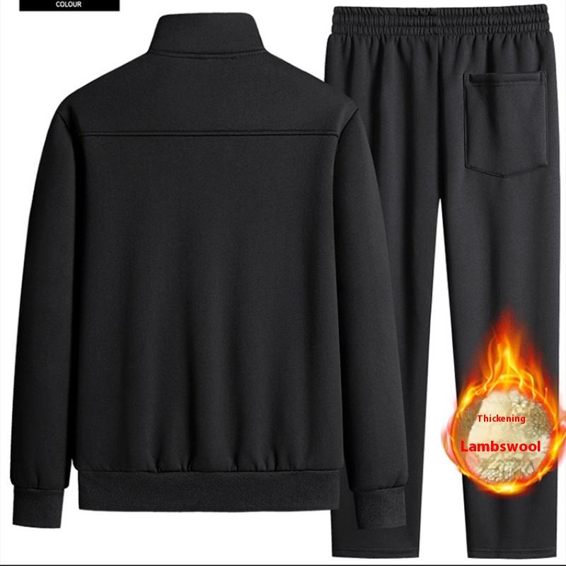 Lamb Fleece Stand Up Collar Sports Set, Casual Winter Wear, Hoodie, Men's 2 Piece Set